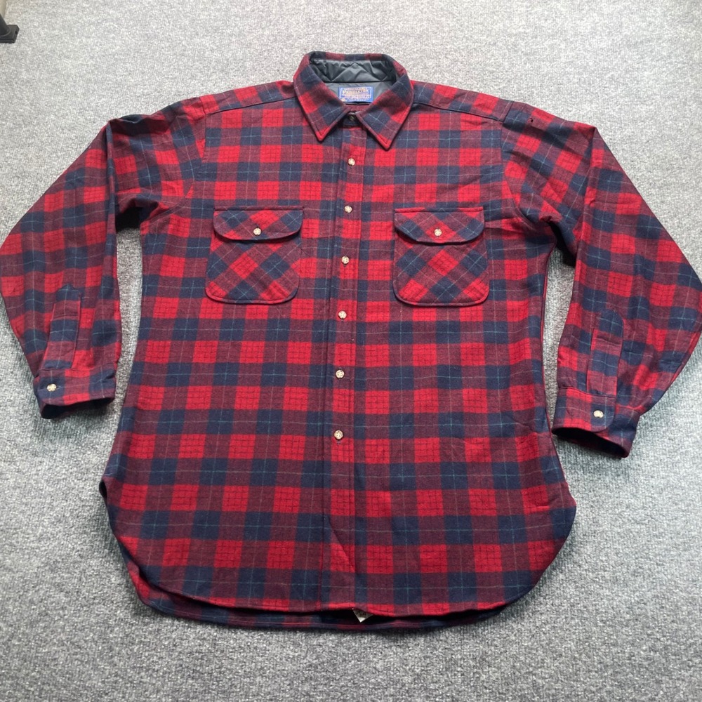 Pendleton Wool Shirt Men's L Red Navy Plaid Flannel Button Down Made in USA